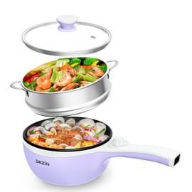 Dezin Hot Pot Electric with Steamer Upgraded, Non-Stick Sauté Pan, Rapid Noodles Electric Pot, 1.5L Mini Pot for Steak, Egg, Fried Rice, Ramen, Oatmeal, Soup with Power Adjustment