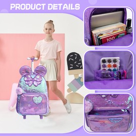 MYHSBYO Girls Kids Rolling Backpack with Wheels Trolley School Bag Waterproof Travel Luggage for Kids Girls and Students lunch bag Lightweight and Multi functional 5-10 Years Old