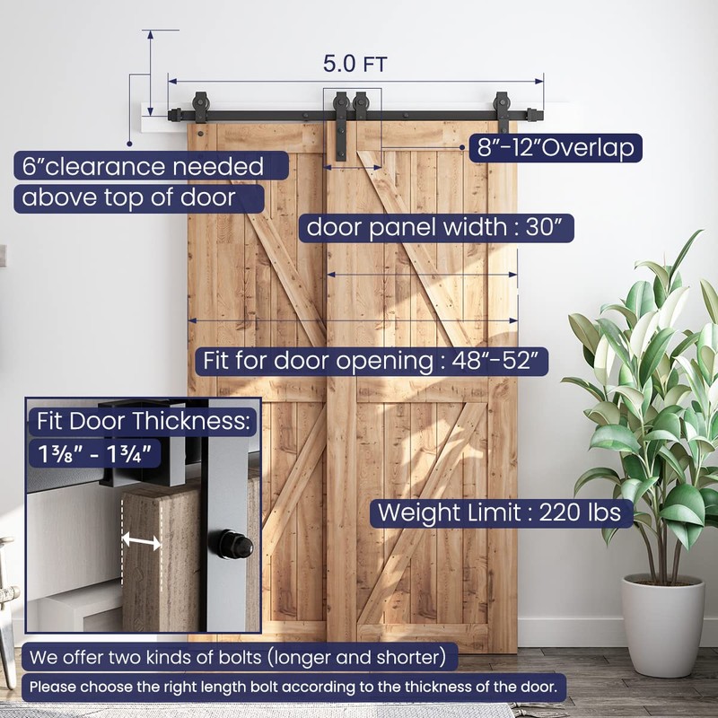 SMARTSTANDARD 5 Feet Bypass Sliding Barn Door Hardware Kit -
