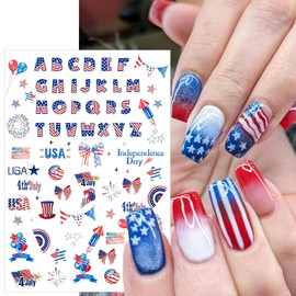6 Sheets 4th of July Nail Stickers for Nail Art 3D Self-Adhesive Independence Day Star Nail Art Stickers American Flag Letter Fireworks USA Nail Decals Fourth of July Patriotic Nail Design for Women