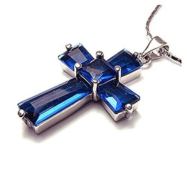 RIZILIA Cross Pendant with 18" Chain & Trapezoid Square Cut CZ [Simulated Blue Sapphire] in White Gold Plated, Simple Modern Elegant