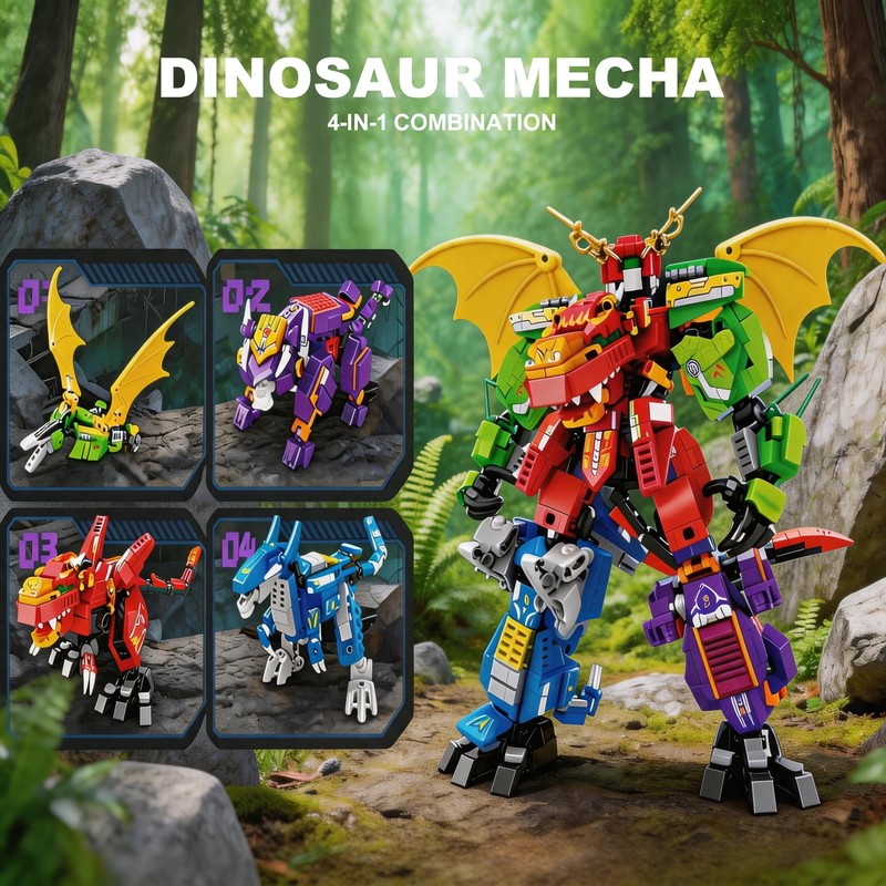 4-in-1 Dino Mecha Kit, Transform Robot Toy Gift for Boys