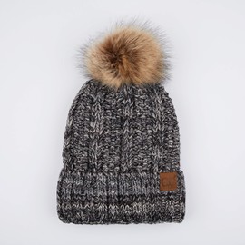 C.C Exclusives Fuzzy Lined Knit Fur Pom Beanie Hat (YJ-820) (Grey Mix)