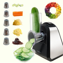 mokero 5 in 1 Electric Cheese Grater Salad Shooter Maker for Block Cheese Home Kitchen Electric Food Slicer Shredder Chopper Automatic Grater for Vegetables Cucumber Carrots Cabbage Nuts