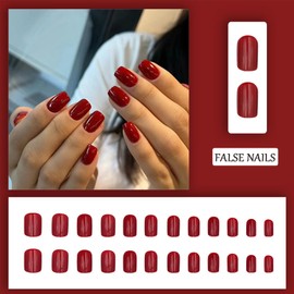Short Fake Nails - 24Pcs Cherry Red False Nails Square - Burgundy Press on Nails with Glue - Solid Colour Stick on Fingernails Tips with Glue for Women Girls Nail Art