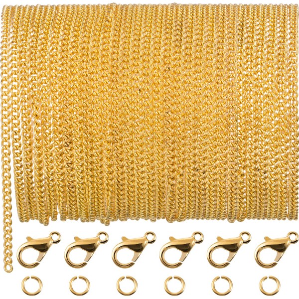 TecUnite Link Chain 10 Metres Gold Plated Necklace with 30 Jump Rings and 20 Lobster Clasps for Men Women Jewellery Chain DIY Crafts