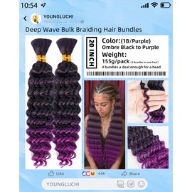 Deep Wave Bulk Braiding Hair-Wet and Wavy Human Braiding Hair,20 Inches 4 Bundles Ombre Black to Purple,No Weft Bohemian Curly Hair Bundle for DIY(20"-4 Bundles,T1B/Purple）