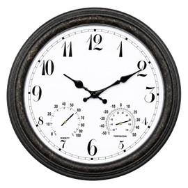 YTAONS Outdoor Waterproof Wall Clock with Thermometer and Hygrometer Combo, 15 in Retro Battery Operated Garden Clocks for Indoor and Outside Patio Deck Pool -Not Silent (Black)