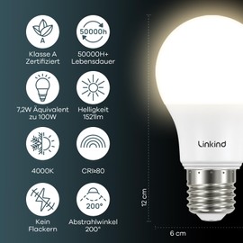 Linkind Ultra Efficient E27 LED Bulb 1521LM, 7.2 W = 100 W, 4000 K Neutral White Energy Efficiency Class A, 50,000 Hours Life, Not Dimmable, A60 E27 Energy-Saving Bulb, Matt, Pack of 3