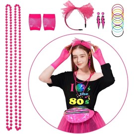 ELFIN 80s Outfit Women's T-Shirt, Tutu, Belt Bag, Headband, Earring, Necklace, Mesh Gloves, Bracelet, Leg Warmer, 80s Costume Clothing Theme Party Accessories, Black-3, M