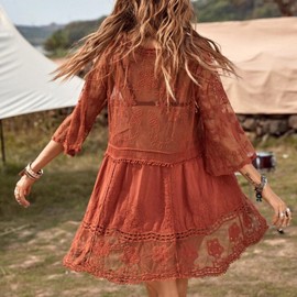 Womens Beach Dresses Crochet Lace Bikini Cover Up See Through Hollow Out Floral Beachwear 3/4 Sleeve (Red, One Size)