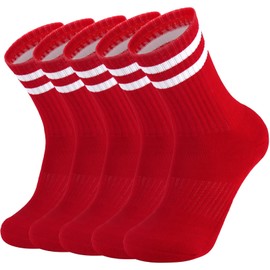 Ultrafun 5 Pairs Striped Crew Socks Cotton Cushioned Athletic Sports Running Socks for Men Women Teens (US, Alpha, Large, Regular, Regular, Red)