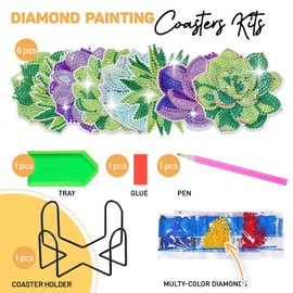 8 pcs Diamond Painting Coasters | Diamond Art Coasters | Green Plant Diamond Art Painting | Perfect Art Craft Gift for Green Plant Lover, Dad, Mom, Grandparents, Brother, Sister.