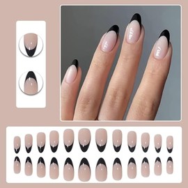 Uñas Francesas con Punta a Presión 24 Piezas de Uñas Almendra Negras