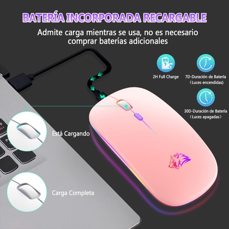EASYTAO Mouse Inalámbrico, Mouse Bluetooth/Wireless2.4GHz Modos Dual Recargable con Iluminación