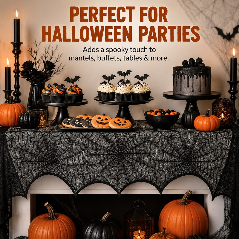 Black Lace Spider Web Mantel Scarf for Halloween – 18
