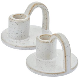 Ceramic Taper Candle Holders with Handle (Set of 2) – Tall Candlestick Holders for Table Decor Centerpieces, Rustic Home Décor, and Dinner Table Styling Glazed White