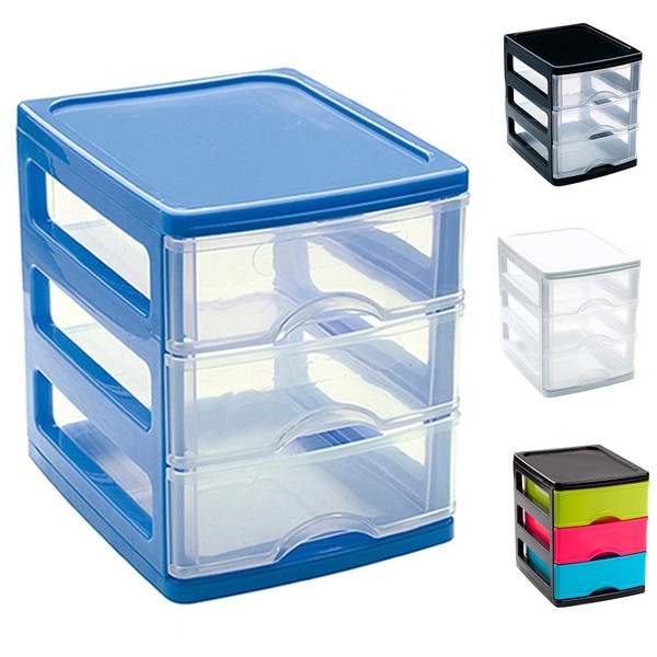 Plastic Desktop Storage Unit with Drawers, Stationary Arts Drawer Desktop Tabletop Organiser Storage Tower Unit for Office Bedroom Garage ((17 x 13.5 x 17cm, Blue with 3 Clear Drawers))