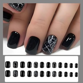 Pack of 24 Square Nails for Sticking, Short, French Press on Nails, White Crack, Square Artificial Fingernails for Sticking, Acrylic Full Cover Artificial Nails for Women and Girls, Nail Art