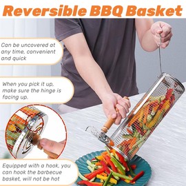 Outdoor BBQ Basket with Detachable Wooden Handle, Rolling BBQ Basket, Stainless Steel BBQ Accessories