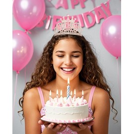 Wecoe Rose Gold Birthday Girl Crown Rhinestone Tiara Happy Birthday Party Favors Pink Birthday Decorations 16th 18th 21st 25th Birthday Gifts for Her