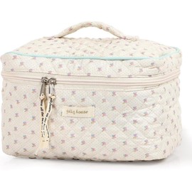 Cotton Makeup Bag, Quilted Cosmetic Bag with Handle Large Capacity Travel Toiletry Bag for Women Girl Cute Aesthetic Floral Makeup Bag (Beige, One Size)