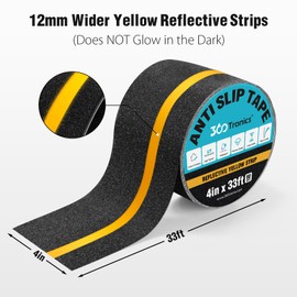 360Tronics Anti Slip Grip Tape, 4" x 33ft Non-Slip Traction Tape Strips with Yellow Reflective Stripe, Indoor & Outdoor Waterproof Non-Skid Tape for Stair Treads Steps Ramps