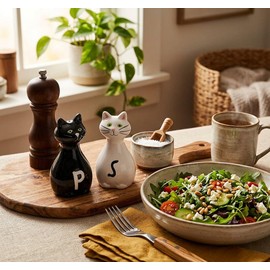 Set of 2 Salt and Pepper Shaker Set in Cat Design, Everyday Ceramic Black and White, 9.5 cm High, Ideal Kitchen Decoration, Easy to Fill, Lovely to Fall in Love With Hand-Painted