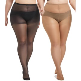MERYLURE 2 Pairs Plus Size Sheer Tights for Women, 20D Soft Sheer Queen Stockings Control Top Pantyhose Reinforced Toes