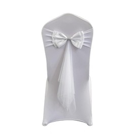 ThaiRoot Stuhlschleifen Elastische Stuhlschärpen mit Organza Tüll Weiß Schleifen Hochzeit Stuhl-Schärpen Stretch Hochzeitsstuhlbänder Stuhlbezug Dekoration für Bankett Party Hotel Veranstaltung