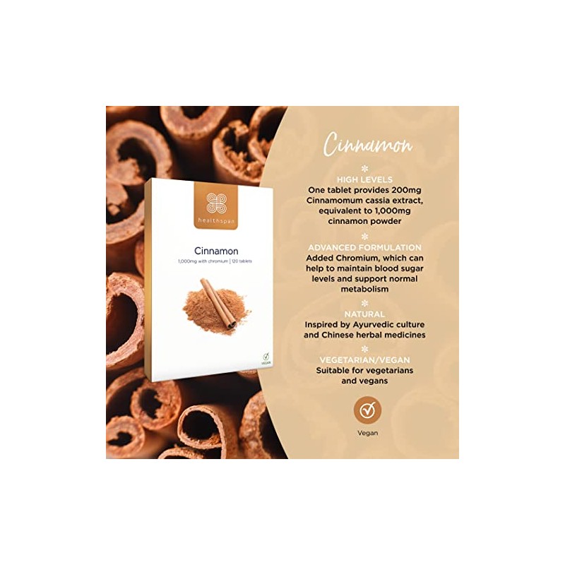 Healthspan Cinnamon 1,000mg | 120 Tablets | Added Chromium |