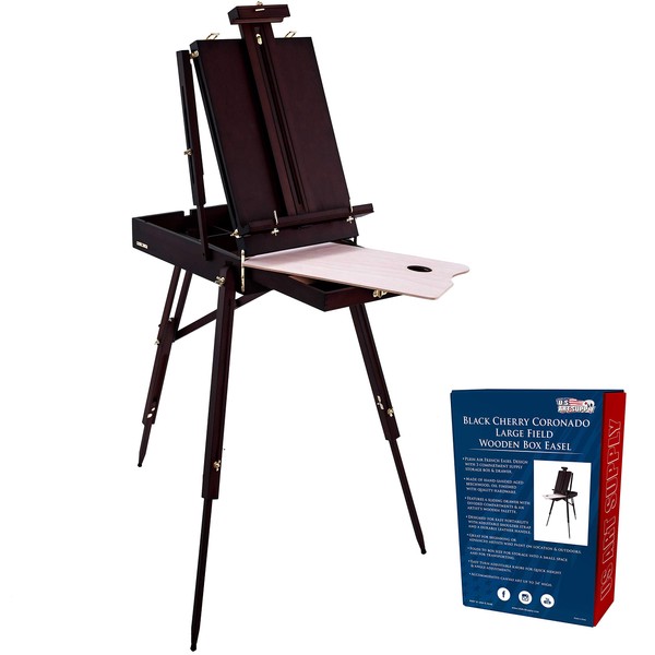 U.S. Art Supply Coronado Black Cherry Easel, Large Adjustable Wooden French Style Field and Studio Sketchbox Tripod Easel with Drawer, Artist Wood Palette, Premium Beechwood, Painting, Sketching Stand