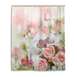 ALAZA Shower Curtain, Flowers And Butterflies Pink Bathroom Waterproof Polyester Curtains Accessories With Hooks For Home Decorative (153cm x 183cm)