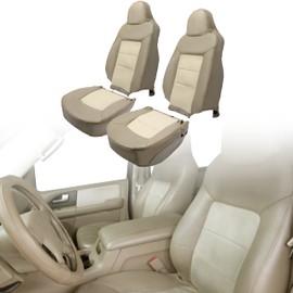 ECOTRIC Seat Cover Synthetic Leather Perforated Tan Compatible with 2003-2006 Ford Expedition Eddie Bauer 4x4, 2WD, 4.6L, 5.4L(Driver & Passenger Full Set)