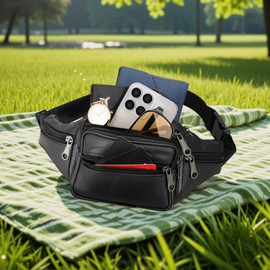 Black Leather Bum Bag Money Belt Bag for Women Men Bumbags Waist Fanny Pack Adjustable Belt Money Phone Belt for Walking Travel