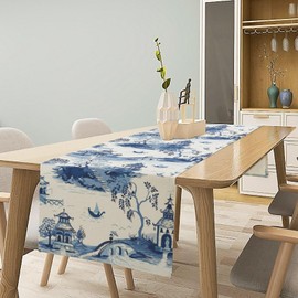 Vintage Ink Table Runner, Asian Oriental Chinoiserie Mountains Trees Landscape Kitchen Dining Table Decoration for Indoor Outdoor Home Party Decor, 13x36inch