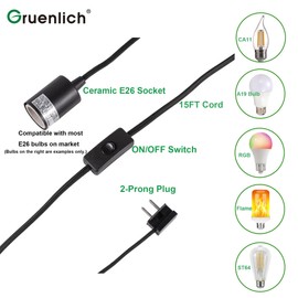 GRUENLICH Plug in Pendant Lighting, Hanging Light Kits with ON/Off Switch, 15 Feet Cord, Bulbs Not Included, Black, 1-Pack