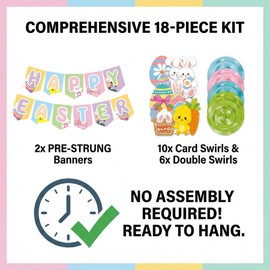 Easter Decorations Set - 18 Pcs Pre-strung Happy Easter Banners & Hanging Swirls, Pastel Bunny Chick Egg Party Supplies for Home Classroom Office, Easter Egg Hunt, Spring Brunch,No DIY Required