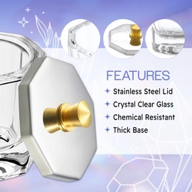 Beauticom Crystal Glass Dappen Dish for Acrylic Nail Dip Powder, Monomer, and Nail Polish Remover (Octagon Shape w/Stainless Steel Lid, 4 Pieces)