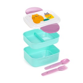 Puckator Bean & Co Cats Clip Lock Stacked Bento Lunch Box with Cutlery - Lunch Box for Adults and Kids with Compartments - Snack Box Food Containers with Lids Stackable Snack Pots for Kids Meal Prep