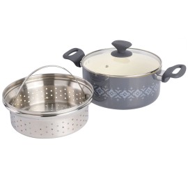Spice by Tia Mowry 5 QT Healthy Nonstick Ceramic Dutch Oven W/Stainless Steamer Insert & Lid Gray