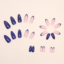 JUSTOTRY 24 Pcs Glitter Short False Nails Almond,Navy Blue French Press on Nails Pattern,Nude Fake Nails Short,Stiletto Stick on Nails for Women,Nails Fake Nail Medium for Nails Art