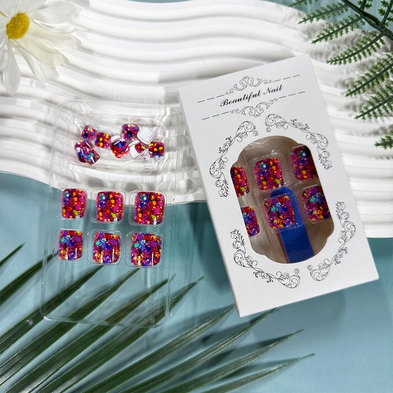 Rainbow Polka Dot Press on Toenails Short Square Fake Toe