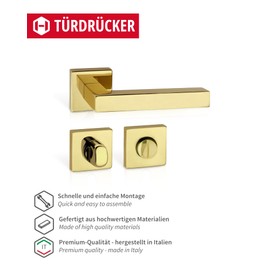 Gedotec Door Handle Polished Brass | 1 Set | Rosette Fitting on Square Rosettes | Carat | Toilet - Bathroom | Door Handle for Interior Doors | Handle Set Including Mounting Material | Rustproof Lever