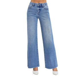 Allimy Straight Leg Jeans for Women High Waisted High Rise Baggy Flare Boot Cut Bell Bottom Stretch Raw Hem Mom Tall Womens Jeans Wide Leg Denim Pants Wash Blue US 12