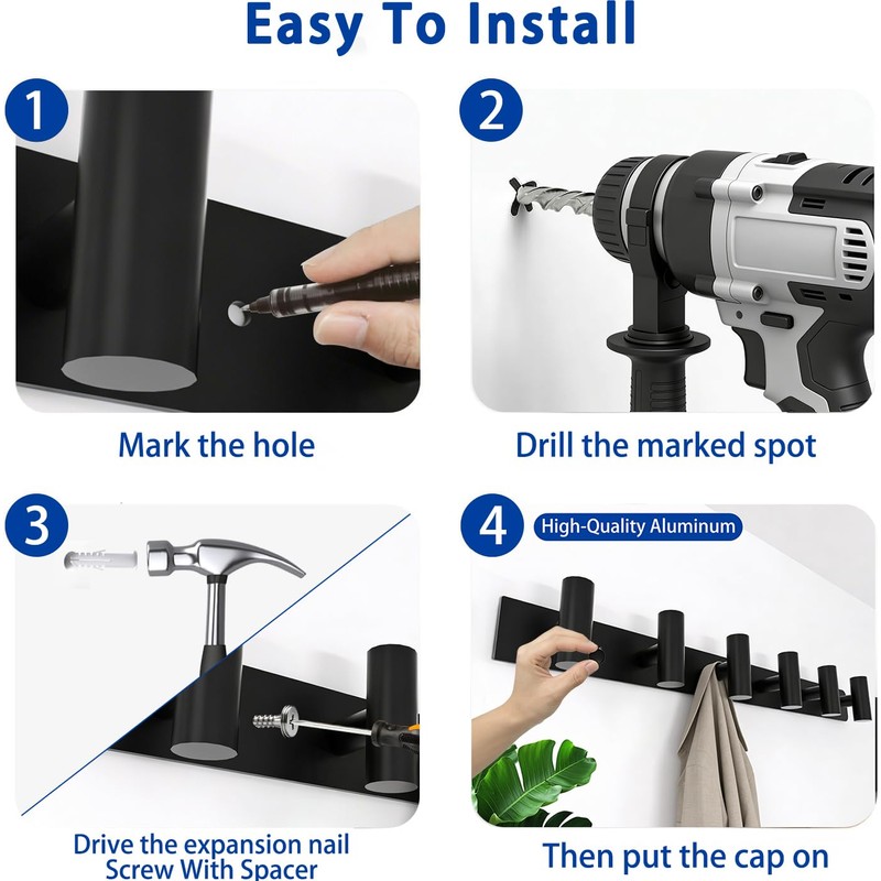 Matte Black Coat Rack Wall Mount - 6 Hooks, Heavy
