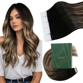 Ugeat Real Hair Extensions Tape Balayage Real Hair Tape Extensions Black Ombre Brown Blonde Invisible Tape in Extensions Real Hair Remy Tape Extensions 45 cm Hair Extensions Tape Real Hair 50 g