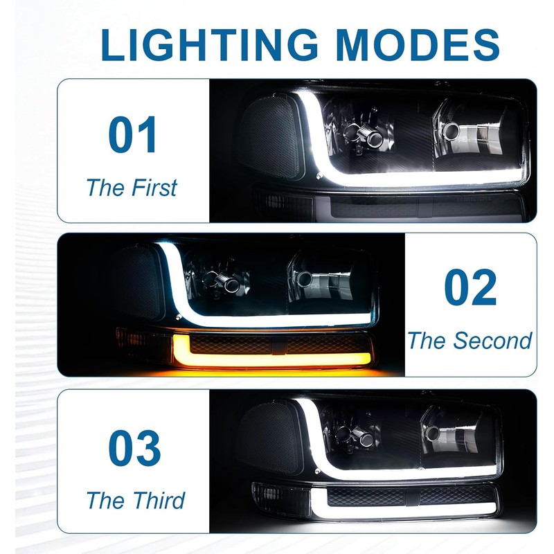 Fullux LED DRL Headlights Assembly Compatible with 1999-2007 GMC Sierra/2000-2006