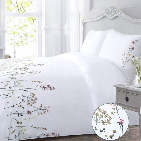 YINFUNG Floral Duvet Cover Set White King Flower Cotton Flowered Elegant Pink French Country Girls Spring Pretty Botanical Bedding Set Embroidered 3 Pieces Branches Quilt Cover 104x90 Women