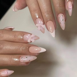 IQXGE French Tip Press on Nails Almond Medium Light Pink Glossy Fake False Nails Press ons Full Cover Artificial Stick Glue on Nail White French Diamonds Bow Charms Design Fake Nail 24Pcs for Girls